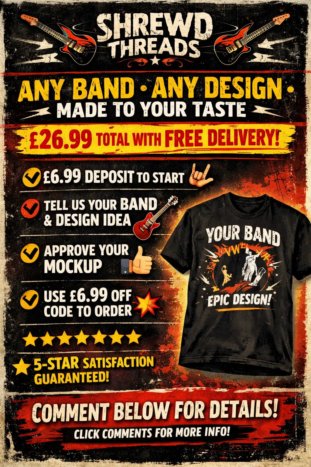 UK £6.99 Deposit 🎸 Custom Retro Band Tees – Designed Just for You 🎸 Shrewd Threads