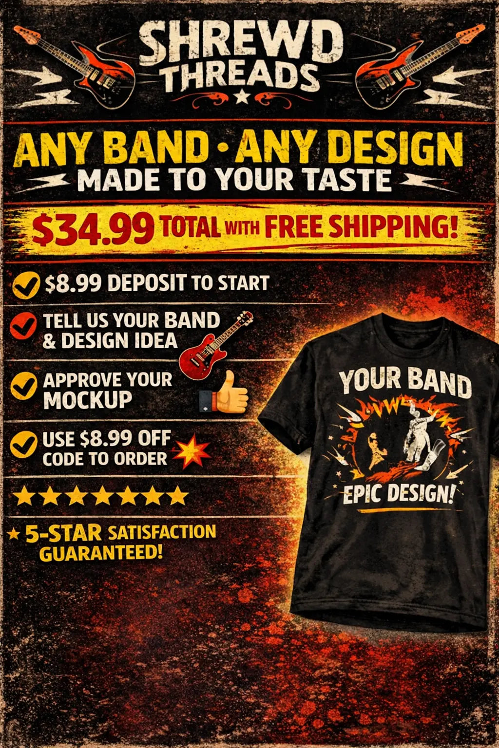 USA $8.99 Deposit 🎸 Custom Retro Band Tees – Designed Just for You 🎸 Shrewd Threads