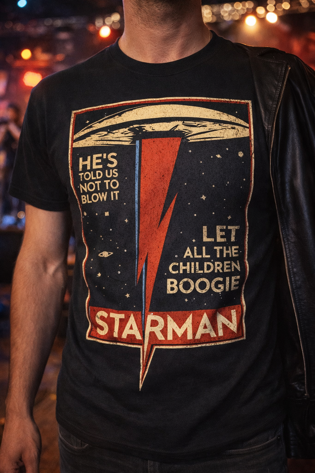 Starman 1970s Rock T-Shirt – Retro Glam Rock Lightning Bolt Tee – Vintage Bowie Inspired Unisex Shirt